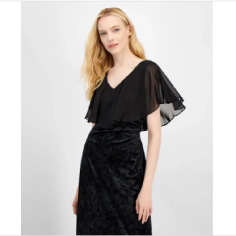 Connected Women's Cape Ruffle Velvet Gown - Black - Picture 3 of 4